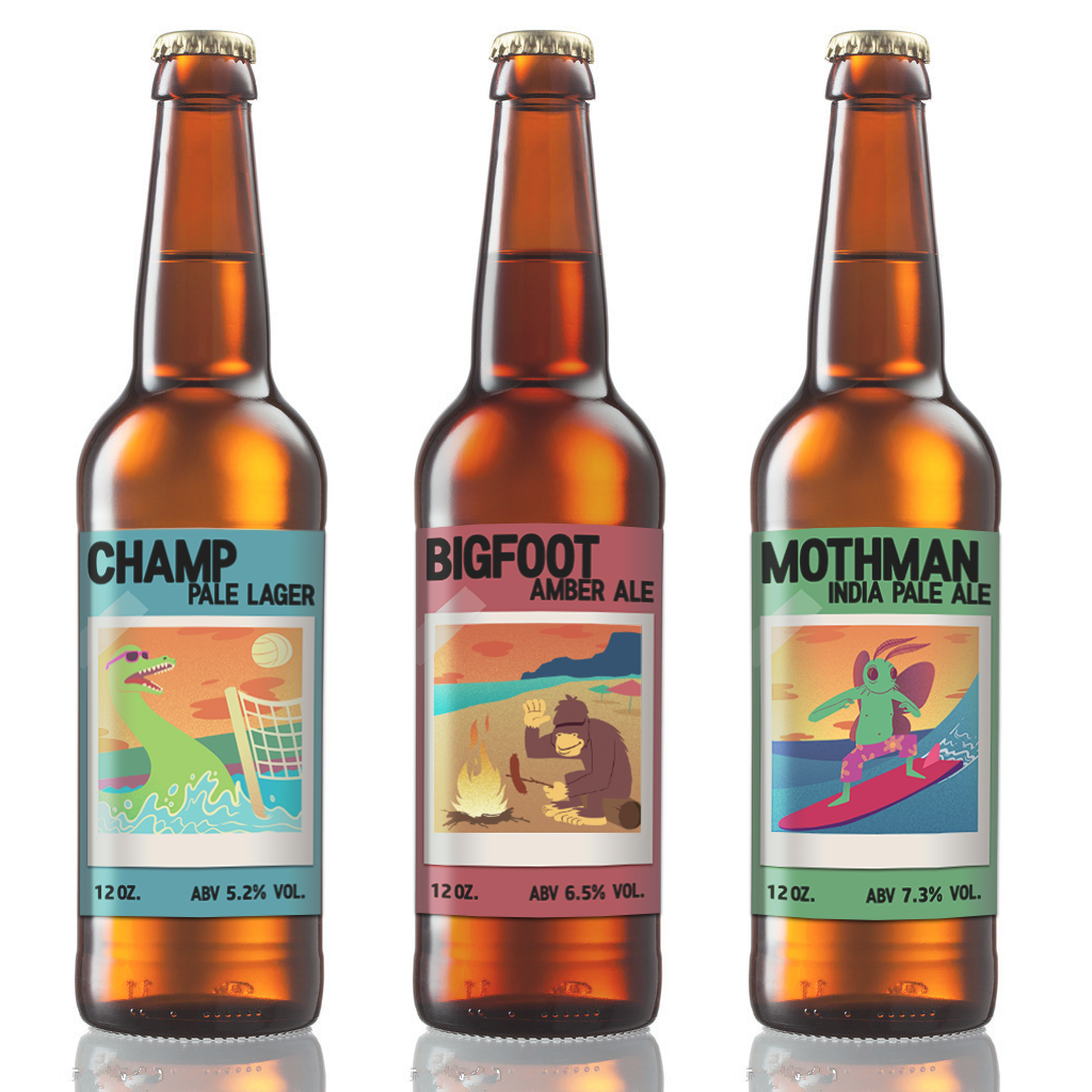 Three bottles of icy beer featuring various creatures from American folklore.