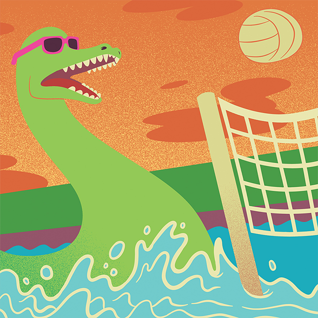 Champ the plesiosaur-esque lake monster wearing sunglasses and playing volleyball.