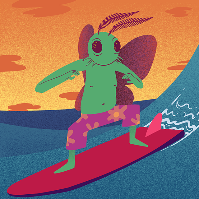 A half-man, half-moth creature riding on a surfboard.